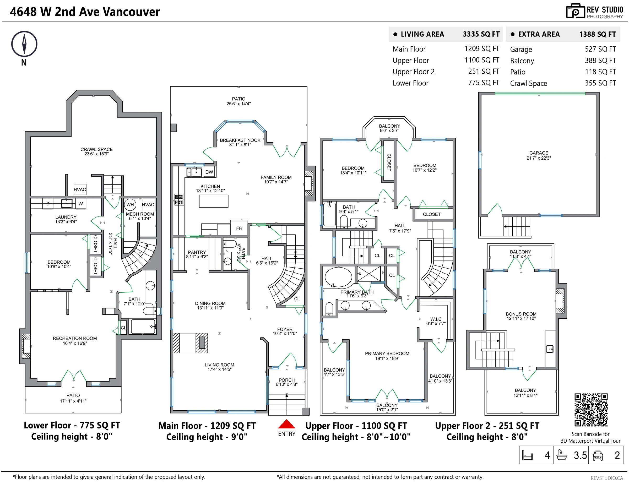 Floor plan of 4648 West 2nd Avenue showing the lower, main, upper and top floors and the detached garage, with room dimensions and ceiling heights