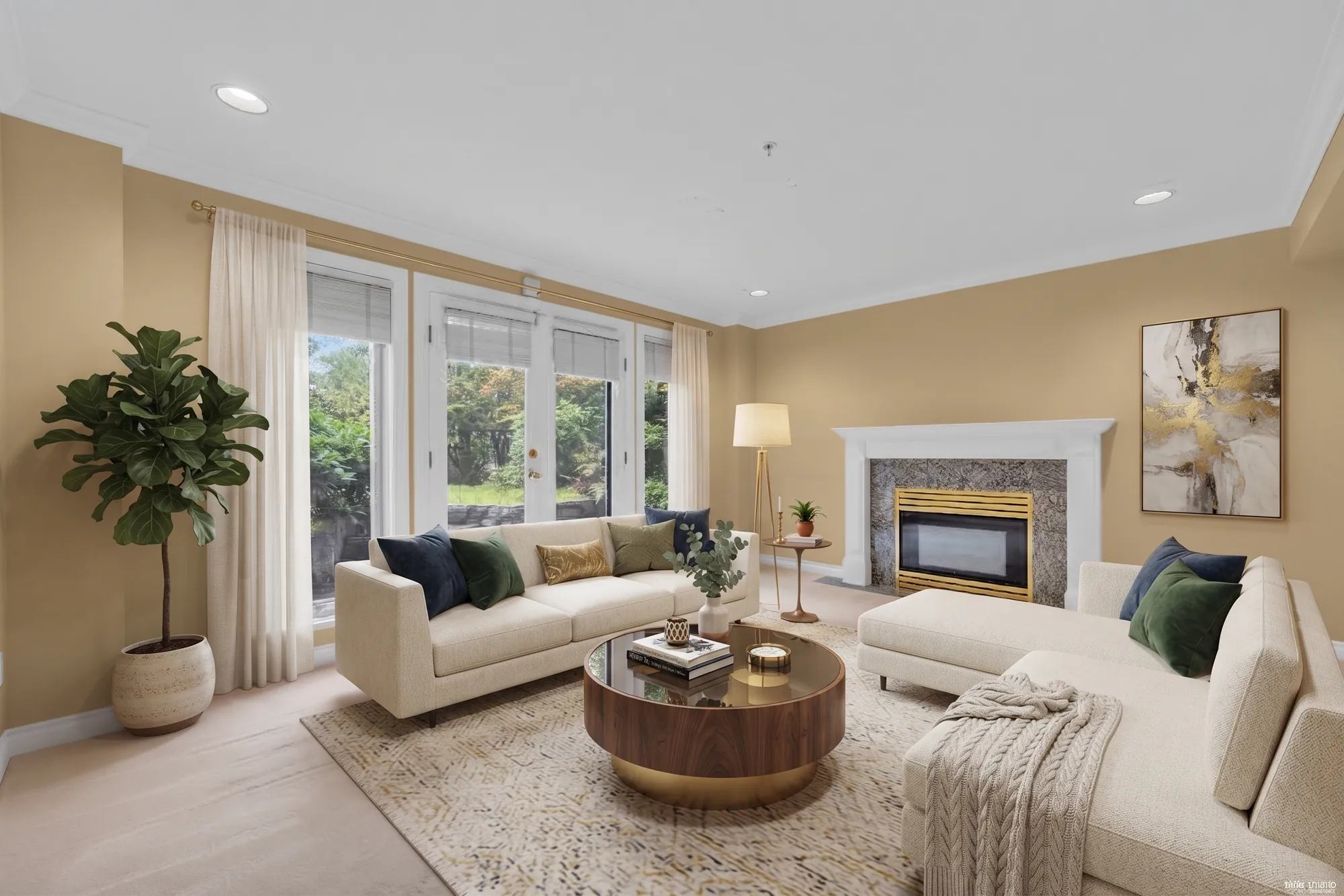 The recreation room shown with digitally added seating, curtains and a plant